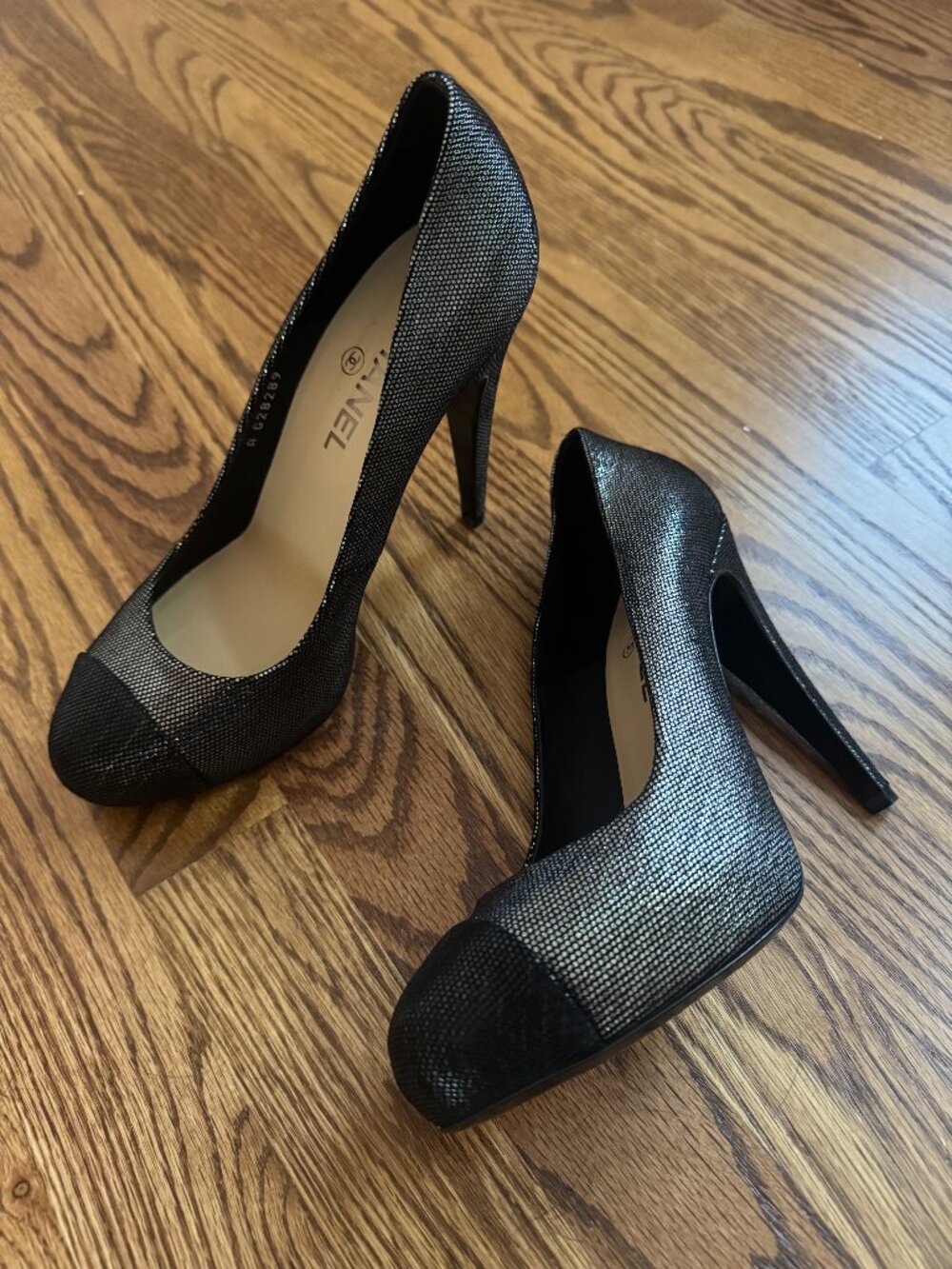 CHANEL Black & Silver Logo Pumps | Size 39